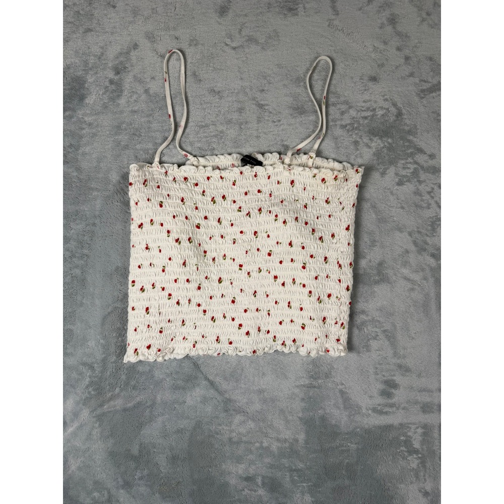 American Eagle White Cherry Print Smocked Crop Top XL Spaghetti Strap Ruffle